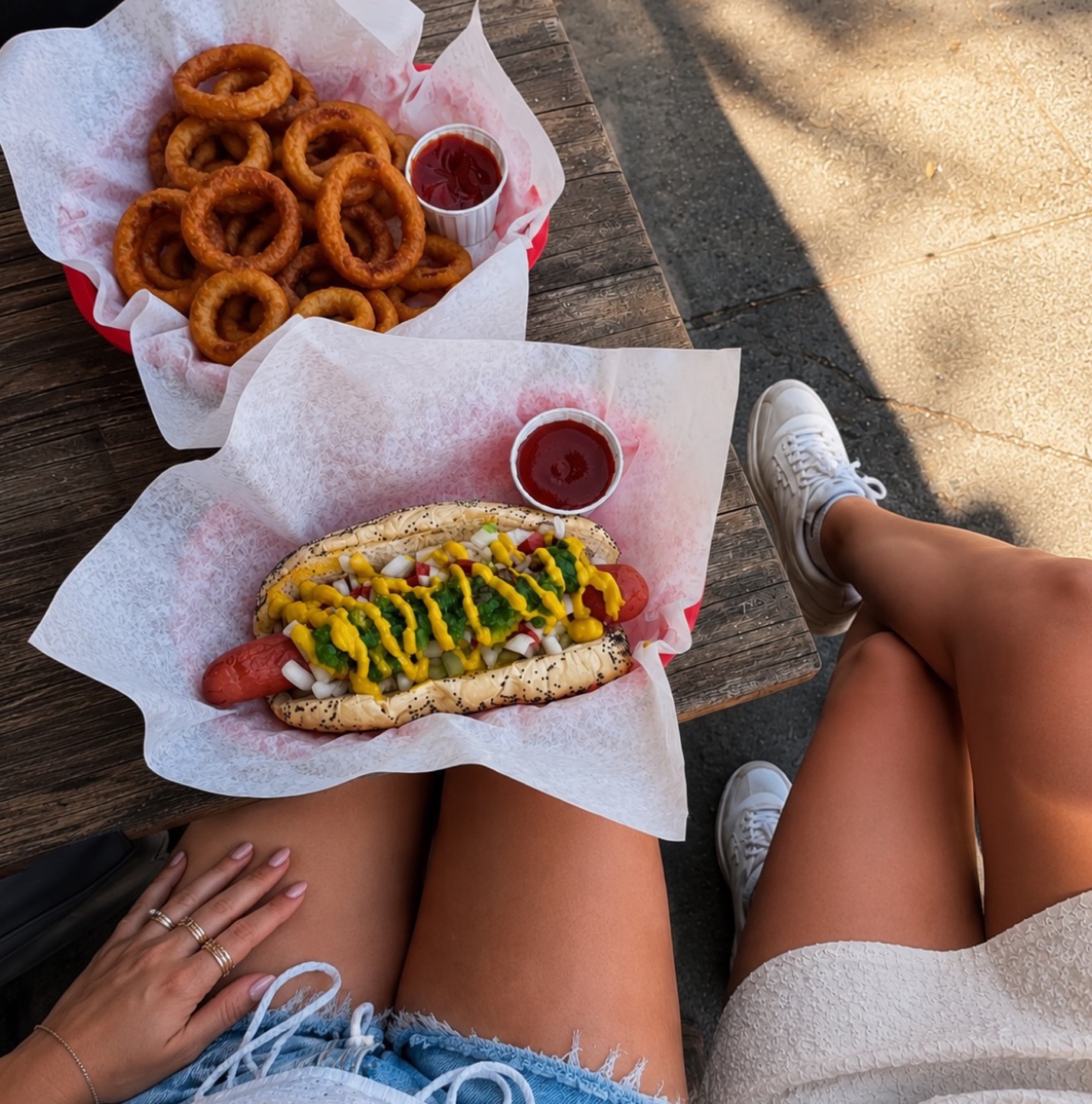 Chicago-style hot dog and onion rings on a picnic table